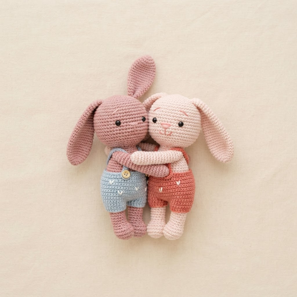 Dos conejitos amigurumi tejidos a mano, uno con overol celeste y otro con overol coral